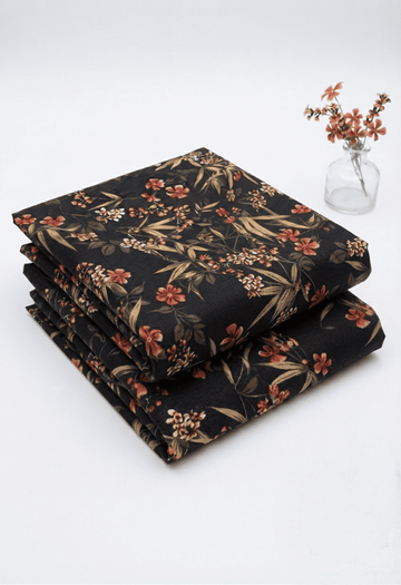 Elegant Black & Terracotta Floral Printed Linen 2Pc | Unstitched Suit (Shirt & Trouser) D-2181