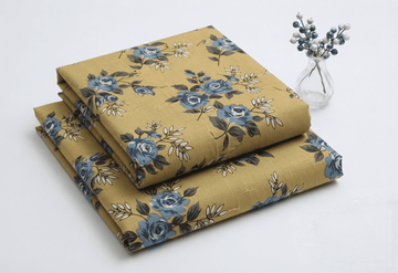 Mustard Gold & Slate Blue Floral Printed Linen 2Pc | Unstitched Suit (Shirt & Trouser) D-2182