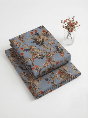 Elegant Slate Blue & Rust Floral Printed Linen 2Pc | Unstitched Suit (Shirt & Trouser) D-2188