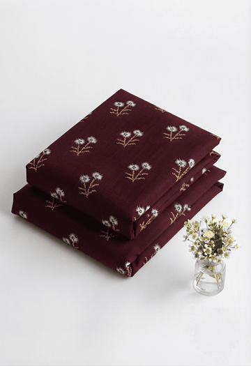 Deep Maroon & White Floral Printed Linen 2Pc | Unstitched Suit (Shirt & Trouser) D-2177
