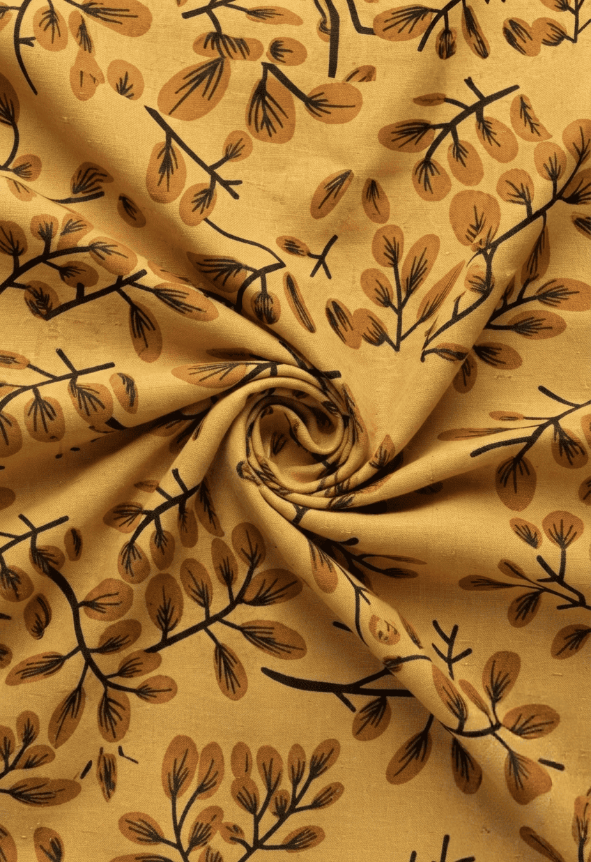 Elegant Mustard Floral Leaf Printed Linen 2Pc | Unstitched Suit (Shirt & Trouser) D-2179