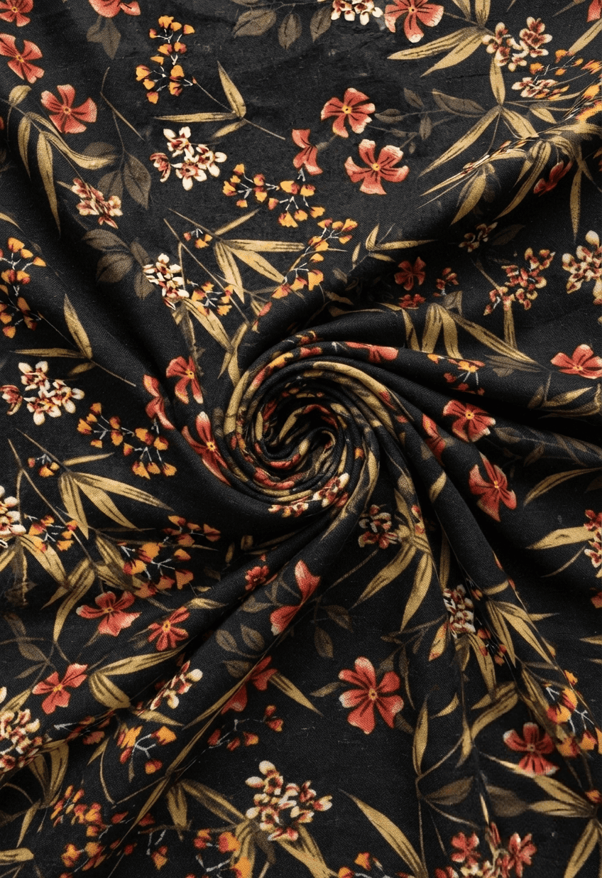 Elegant Black & Terracotta Floral Printed Linen 2Pc | Unstitched Suit (Shirt & Trouser) D-2181