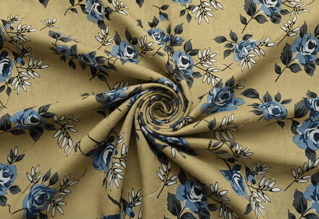 Mustard Gold & Slate Blue Floral Printed Linen 2Pc | Unstitched Suit (Shirt & Trouser) D-2182