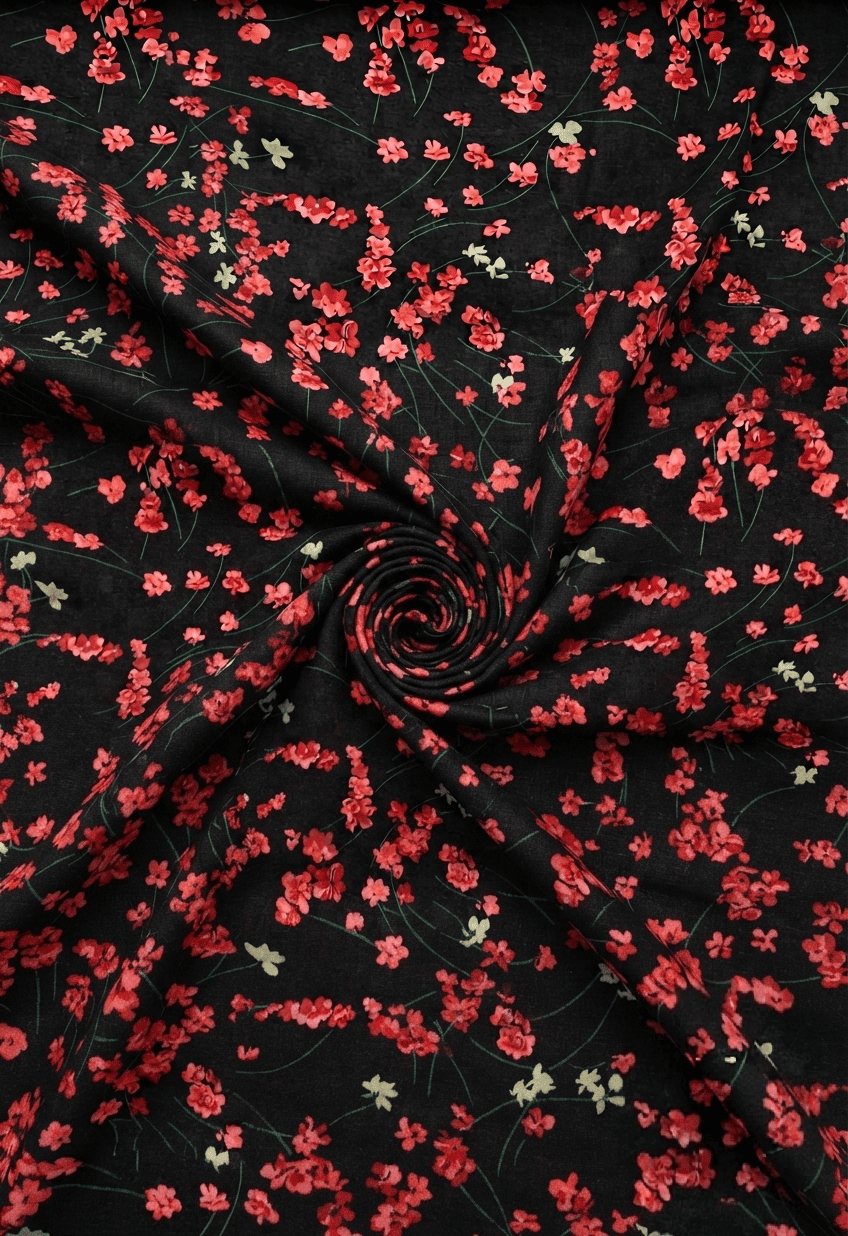 Black & Coral Red Floral Printed Linen 2Pc | Unstitched Suit (Shirt & Trouser) D-2183