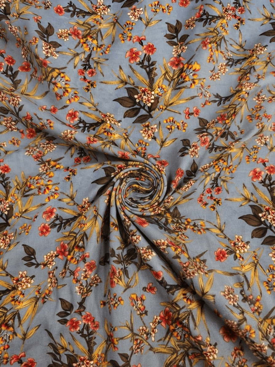 Elegant Slate Blue & Rust Floral Printed Linen 2Pc | Unstitched Suit (Shirt & Trouser) D-2188