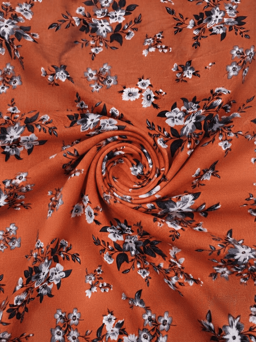Elegant Rust & Black-White Floral Printed Linen 2Pc | Unstitched Suit (Shirt & Trouser) D-2187
