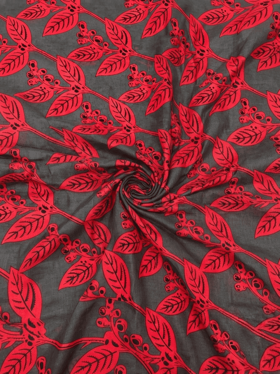 Bold Charcoal Grey & Red Leafy Vine Linen 2Pc | Unstitched Suit (Shirt & Trouser) D-2185