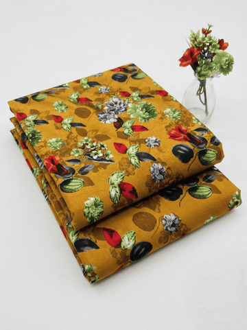 Elegant Yellow Floral & Leafy Printed Linen 2Pc | Unstitched Suit (Shirt & Trouser) D-2189