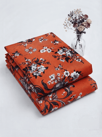 Elegant Rust & Black-White Floral Printed Linen 2Pc | Unstitched Suit (Shirt & Trouser) D-2187