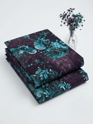 Dark Plum & Teal Floral Printed Linen 2Pc | Unstitched Suit (Shirt & Trouser) D-2191
