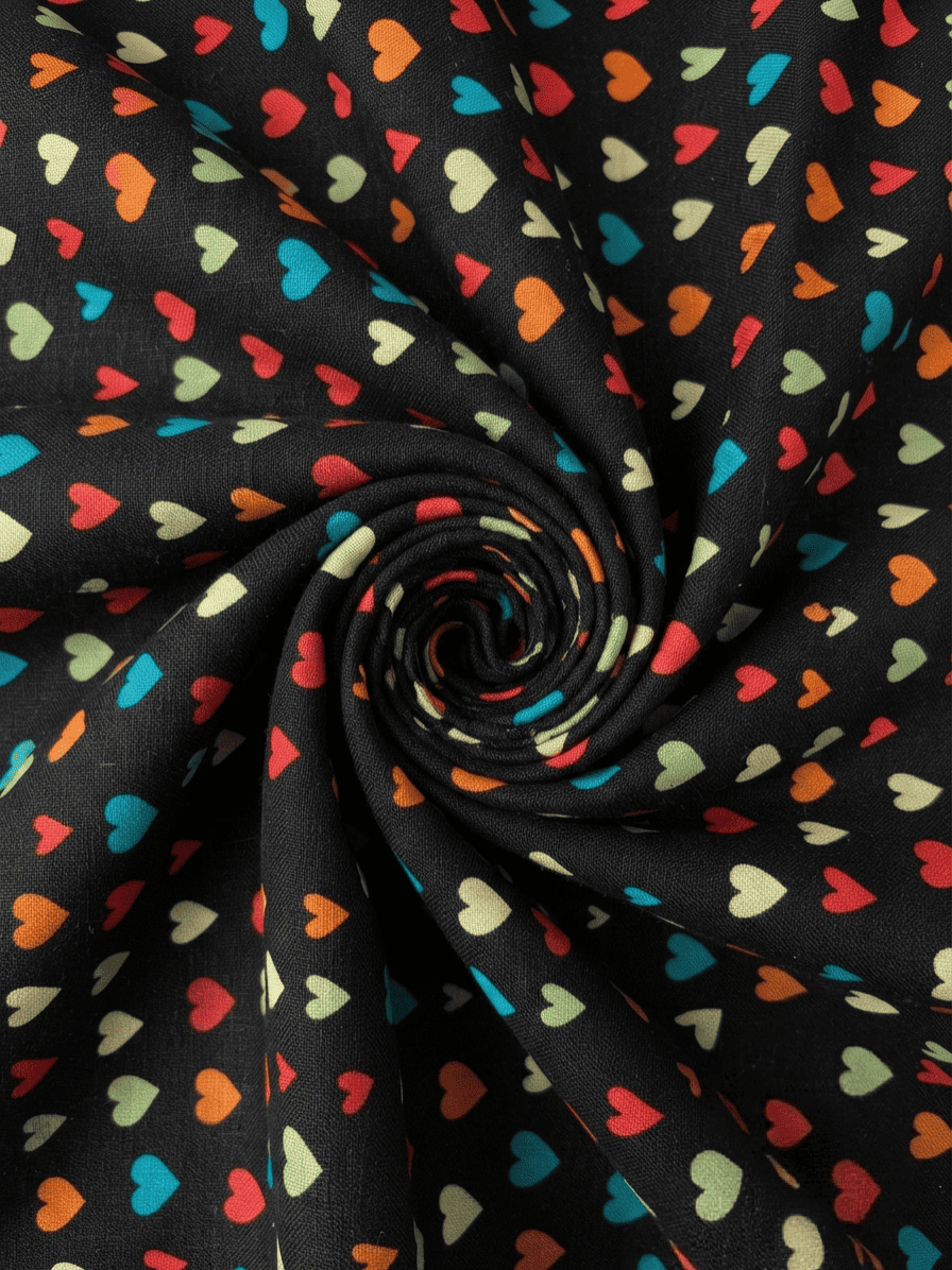 Black Multi-Color Heart Pattern Printed Linen 2Pc | Unstitched Suit (Shirt & Trouser) D-2199