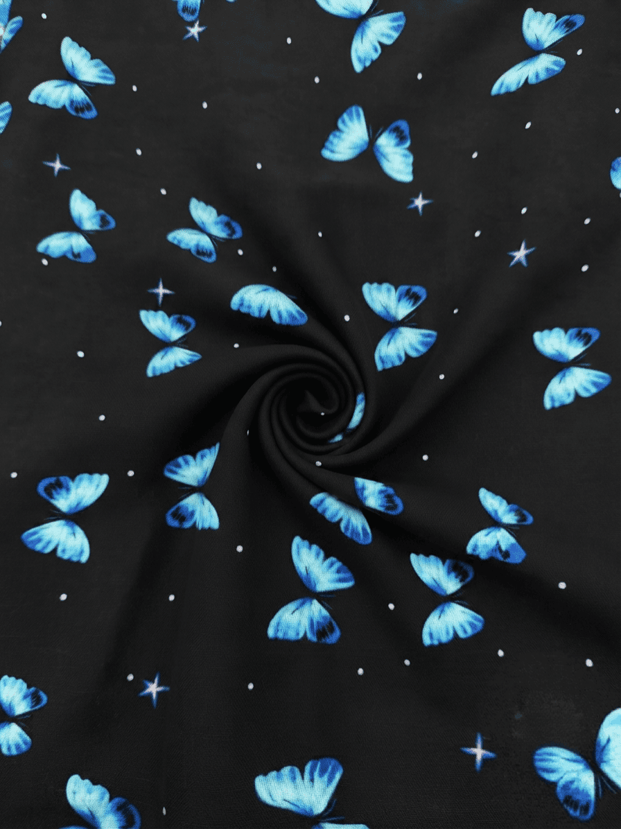 Black & Vibrant Blue Butterfly Printed Linen 2Pc | Unstitched Suit (Shirt & Trouser) D-2200