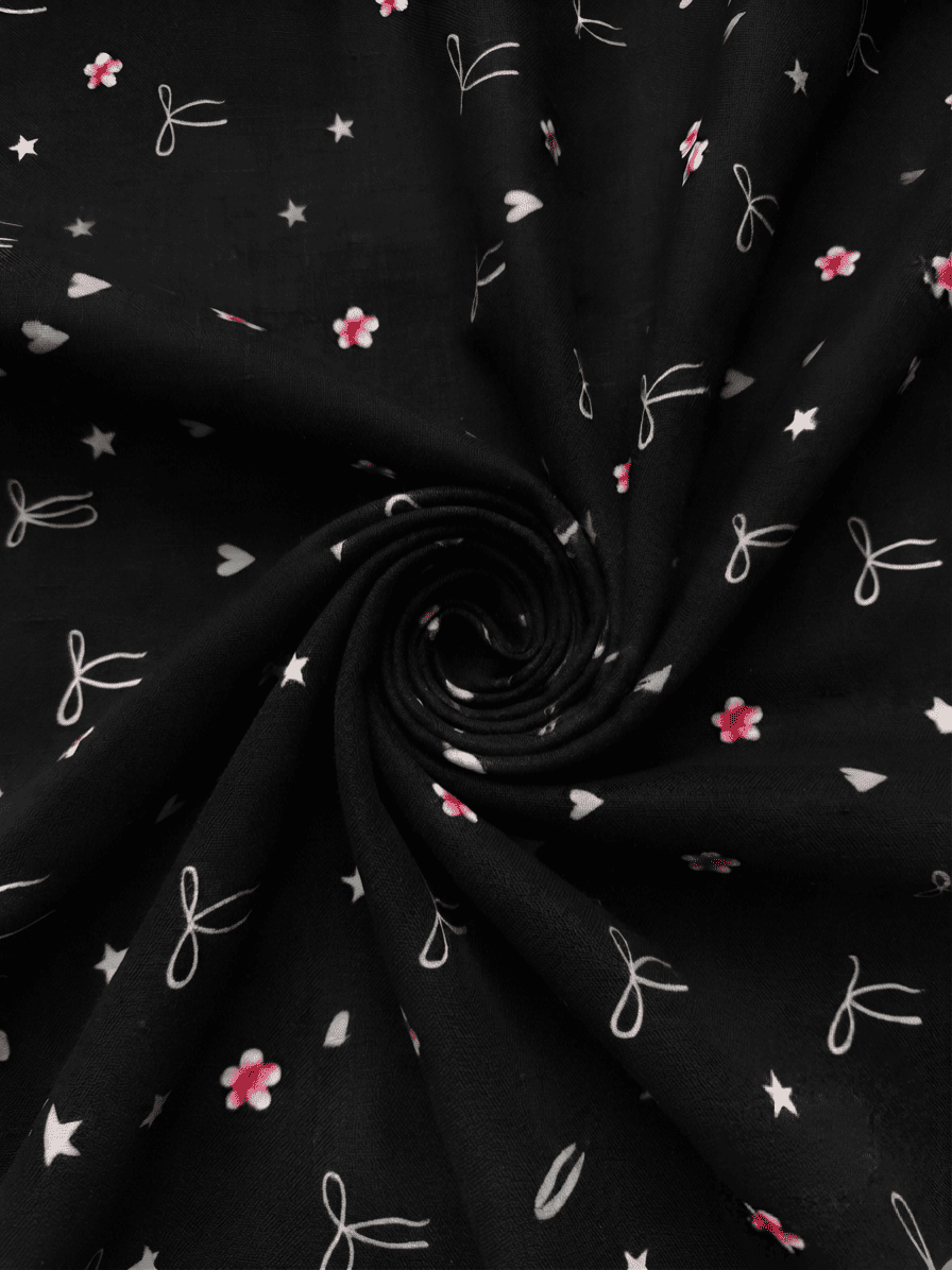 Premium Black & Bow Floral Printed Linen 2Pc | Unstitched Suit (Shirt & Trouser) D-2204