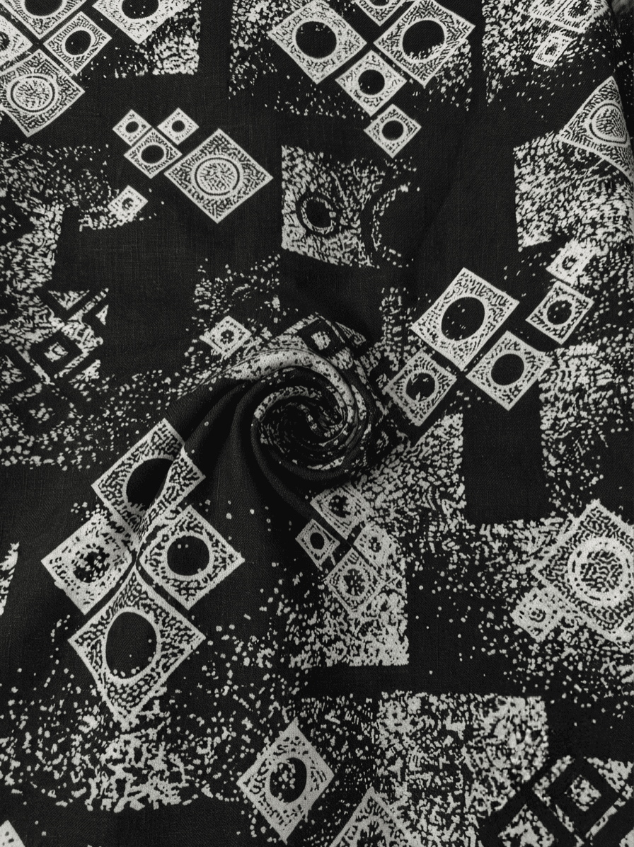 Jet Black & White Geometric Tile Printed Linen 2Pc | Unstitched Suit (Shirt & Trouser) D-2205