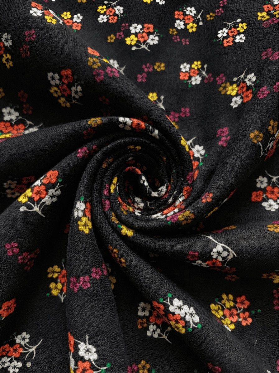 Black & Multi-Color Floral Printed Linen 2Pc | Unstitched Suit (Shirt & Trouser) D-2212