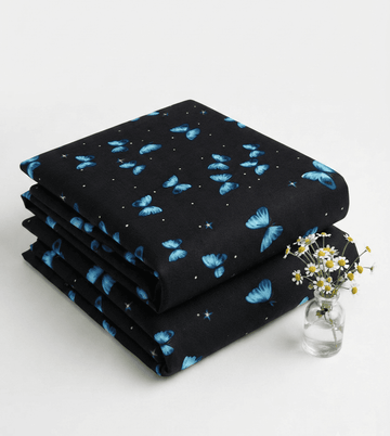 Black & Vibrant Blue Butterfly Printed Linen 2Pc | Unstitched Suit (Shirt & Trouser) D-2200