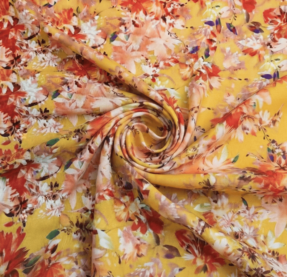 Yellow & Rust Watercolor Floral Printed Linen 2Pc | Unstitched Suit (Shirt & Trouser) D-2214