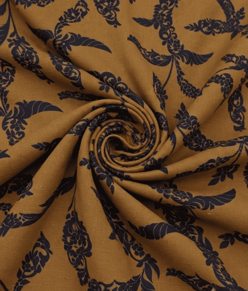Mustard Gold & Navy Blue Floral Printed Linen 2Pc | Unstitched Suit (Shirt & Trouser) D-2210