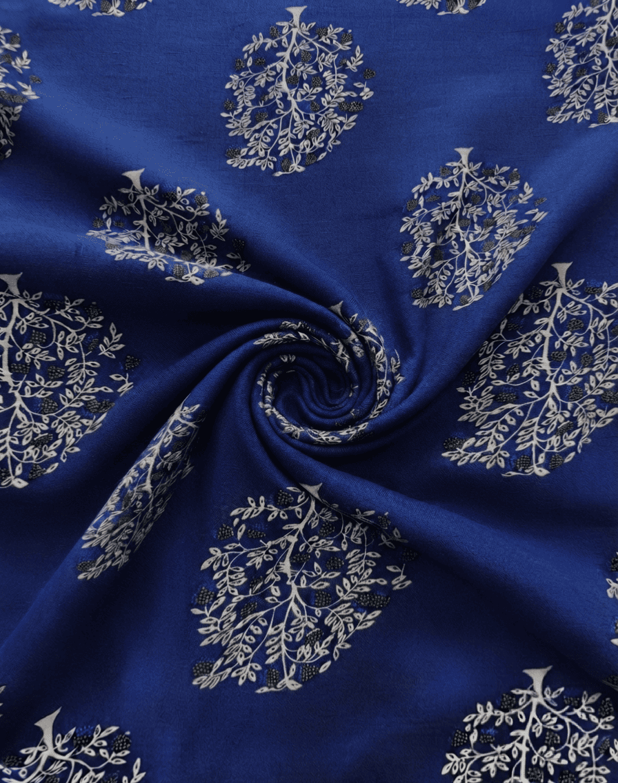 Elegant Blue & White Tree Print Linen 2Pc | Unstitched Suit (Shirt & Trouser) D-2211