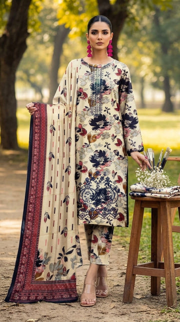 Beige & Navy Floral Linen 3Pc with Embroidered Neckline | Unstitched Suit D-2170