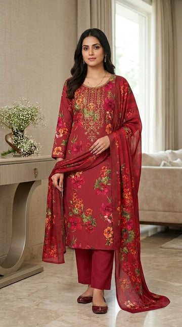 Crimson Floral Printed & Lightly Embroidered Linen 3Pc | Unstitched Suit D-2171