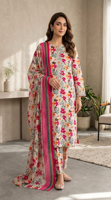 Cream & Vibrant Floral Printed with Embroidered Front 3Pc | Unstitched Suit D-2165