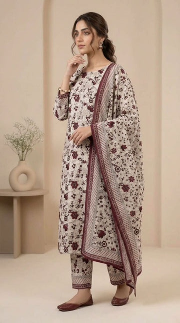 Elegant Maroon Floral Print with Subtle Neckline Embroidery 3Pc | Unstitched Linen Suit D-2168