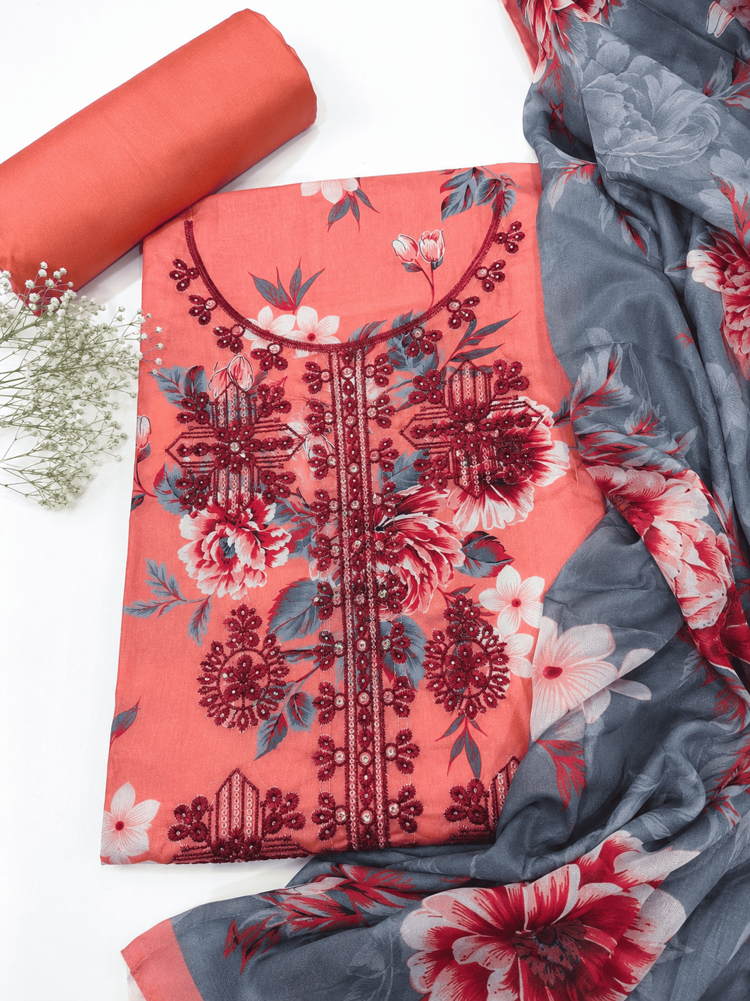 Peach & Grey Floral Linen 3Pc with Embroidered Neckline | Unstitched Suit D-2169