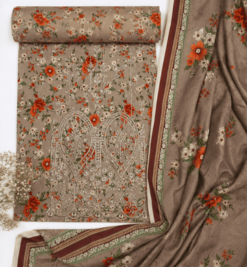 Brown Floral Printed Linen 3Pc with Embroidered Front | Unstitched Suit D-2172