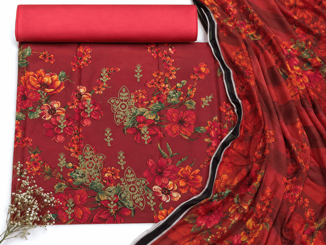 Crimson Floral Printed & Lightly Embroidered Linen 3Pc | Unstitched Suit D-2171