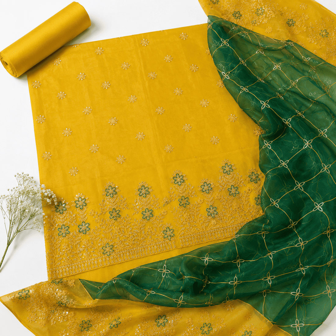 Yellow & Deep Green Fine-Embroidered Organza 3Pc Unstitched Suit D-2137