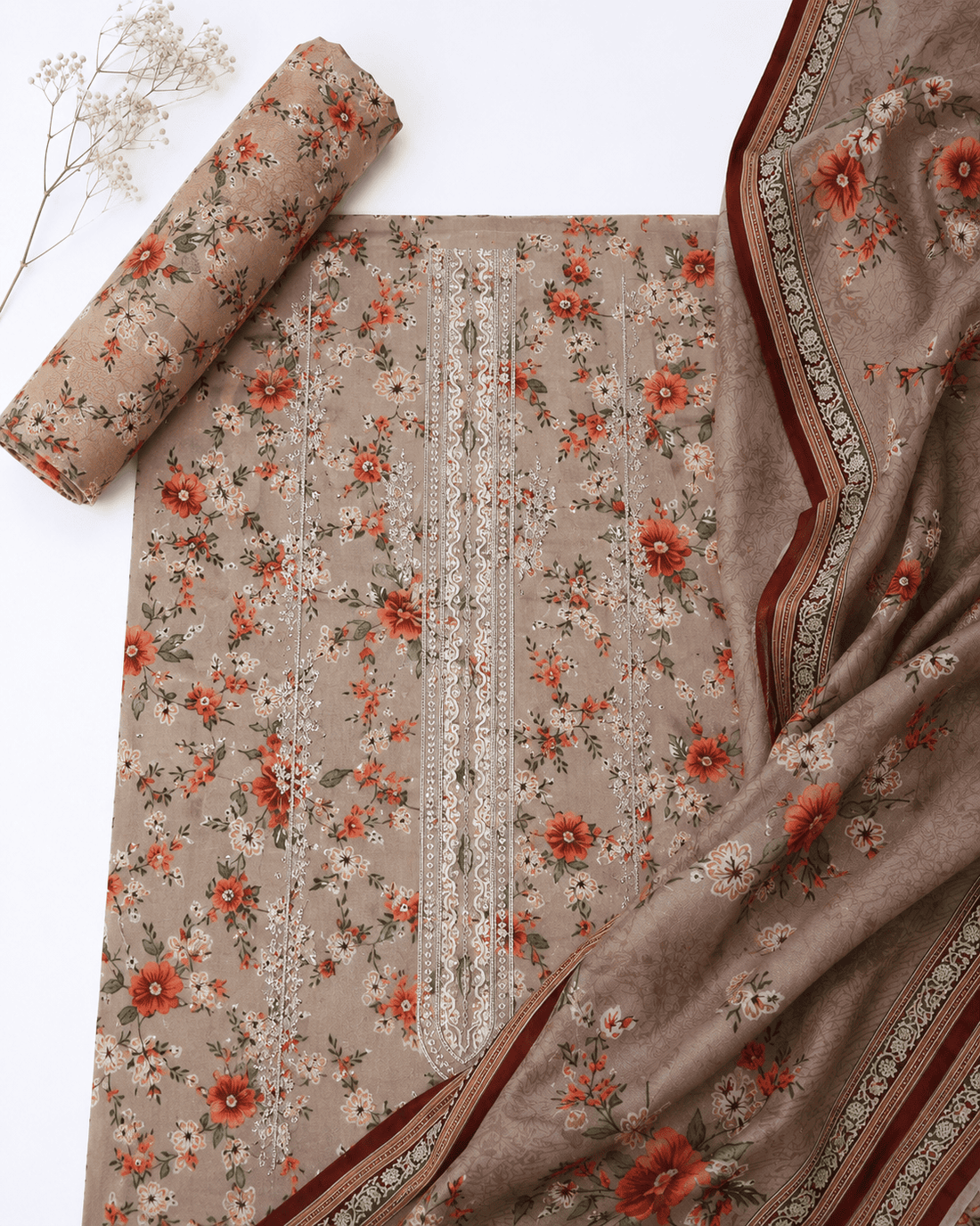 Brown Floral Printed Linen 3Pc with Embroidered Front | Unstitched Suit D-2172