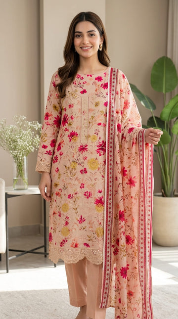 Premium Peach Floral Embroidered 3Pc | Unstitched Linen Suit D-2166