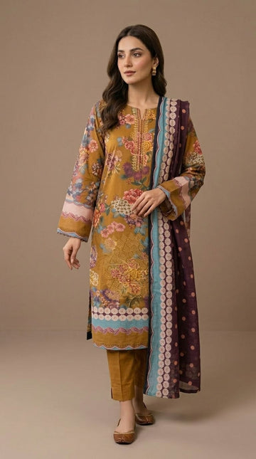 Mustard Gold Floral Printed & Embroidered Linen Unstitched 3 Pc D-2129