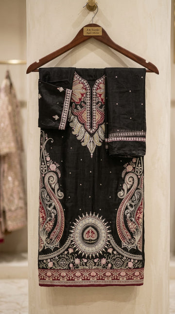 Ethnc Style Jet Black Heavy Embroidered  Silk KAFTAN 3Pc | Unstitched Suit D-2167