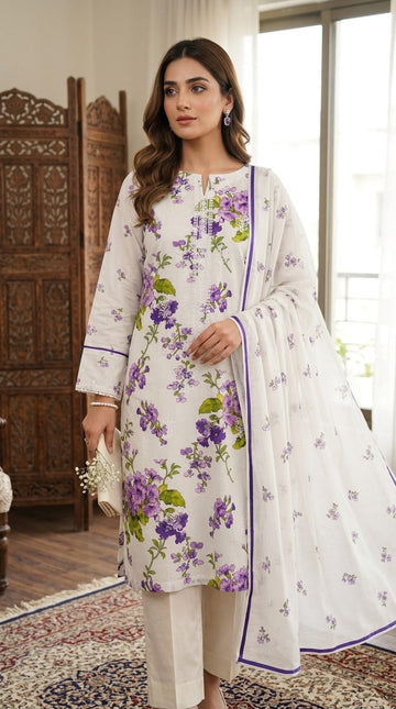 Premium Linen Embroidered & Soft Floral Printed 3Pc | Unstitched Suit D-2164
