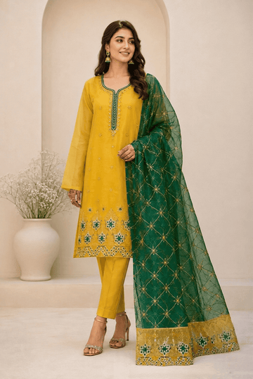 Yellow & Green Embroidered Organza Unstitched 3-Pc Suit D-2131
