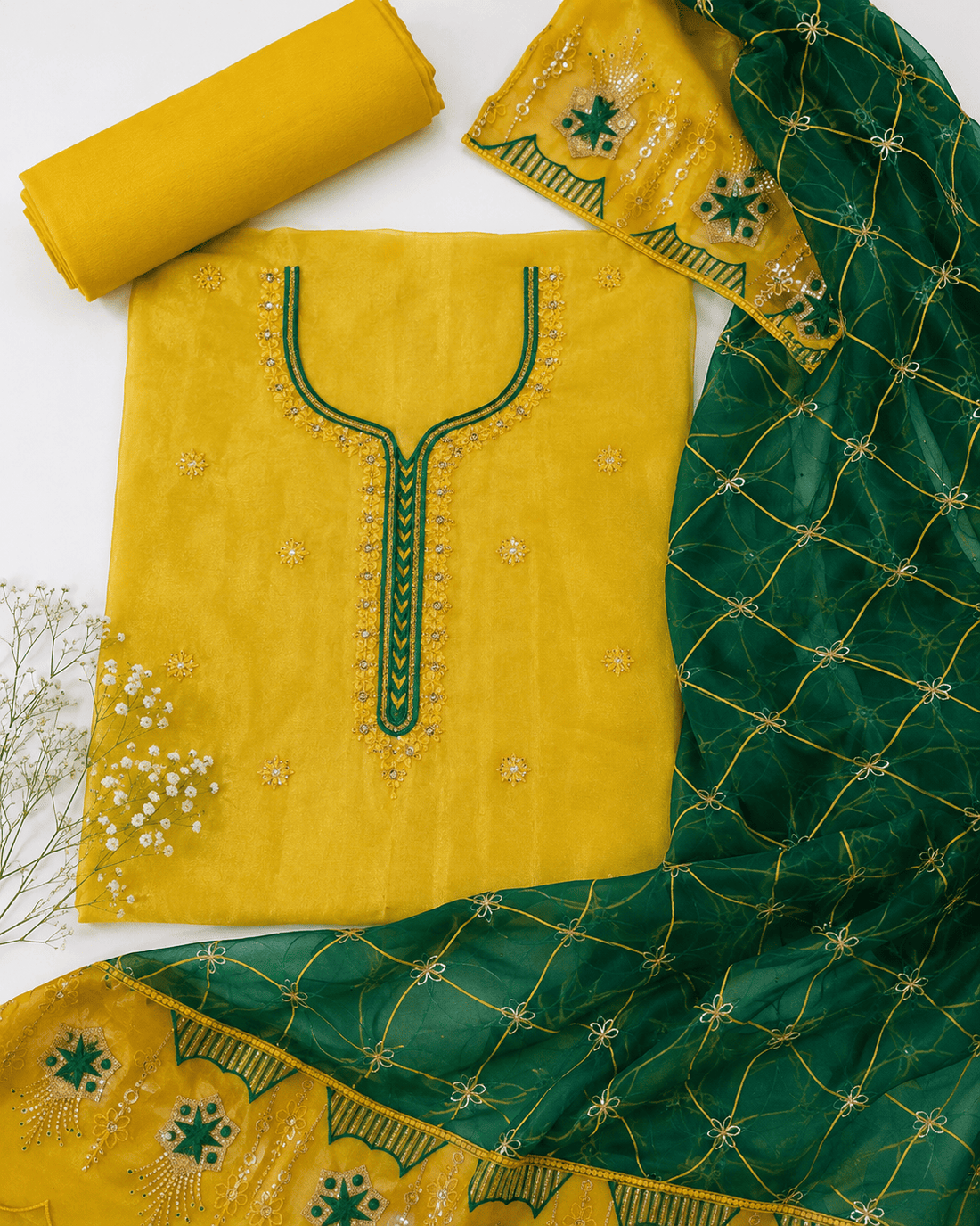 Yellow & Green Embroidered Organza Unstitched 3-Pc Suit D-2131