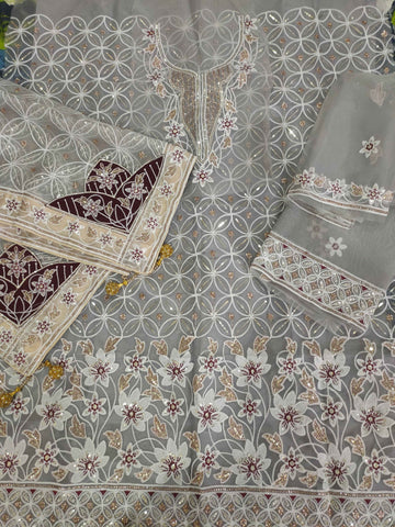 Ash Grey 4pc Unstitched Embroidered Lava Organza Suit D-2092