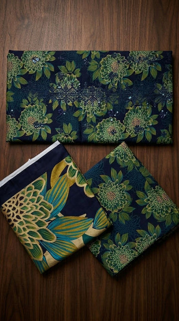 Midnight Blue & Floral Green Embroidered Linen 3Pc | Unstitched Suit D-2138