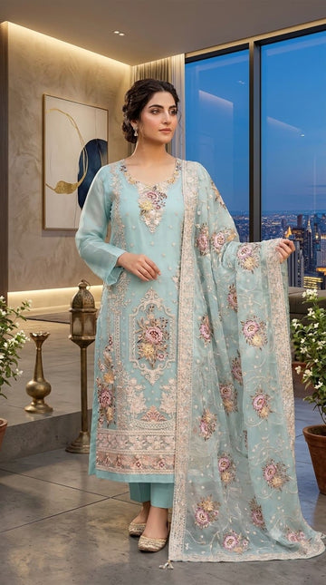 4pc Unstitched Embroidered Organza Suit