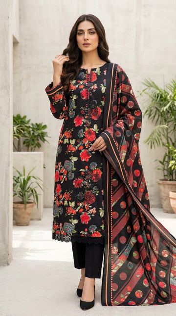 Black & Coral Red Floral Embroidered 3Pc | Unstitched Linen Suit D-2161
